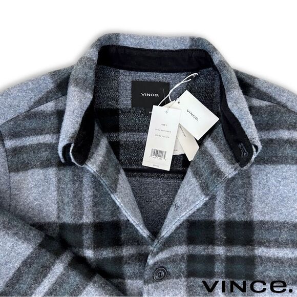 Vince **NWT** Heavy Knit Brushed Flannel Plaid Shirt Jacket in Heather Blue - Picture 11 of 16